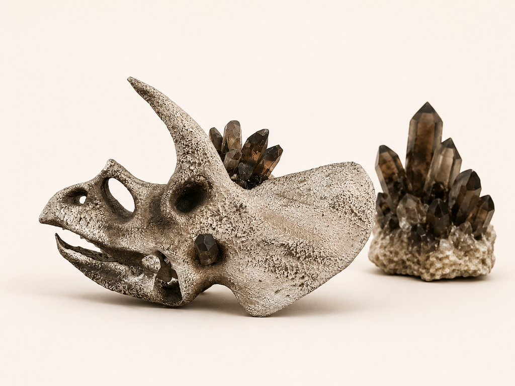 Large 30cm+ Triceratops Skull with Smoky Quartz Crystals