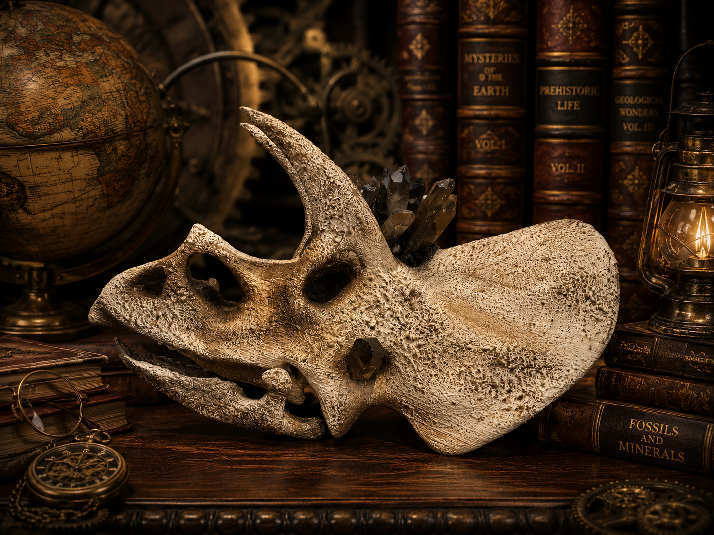 Large 30cm+ Triceratops Skull with Smoky Quartz Crystals