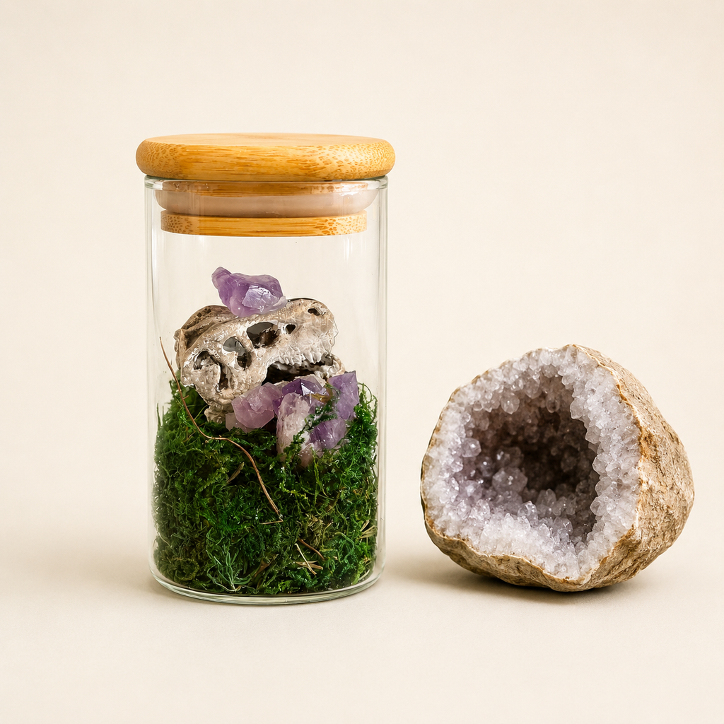 Dinosaur T-Rex Skull Real Crystal Terrarium Set of 3