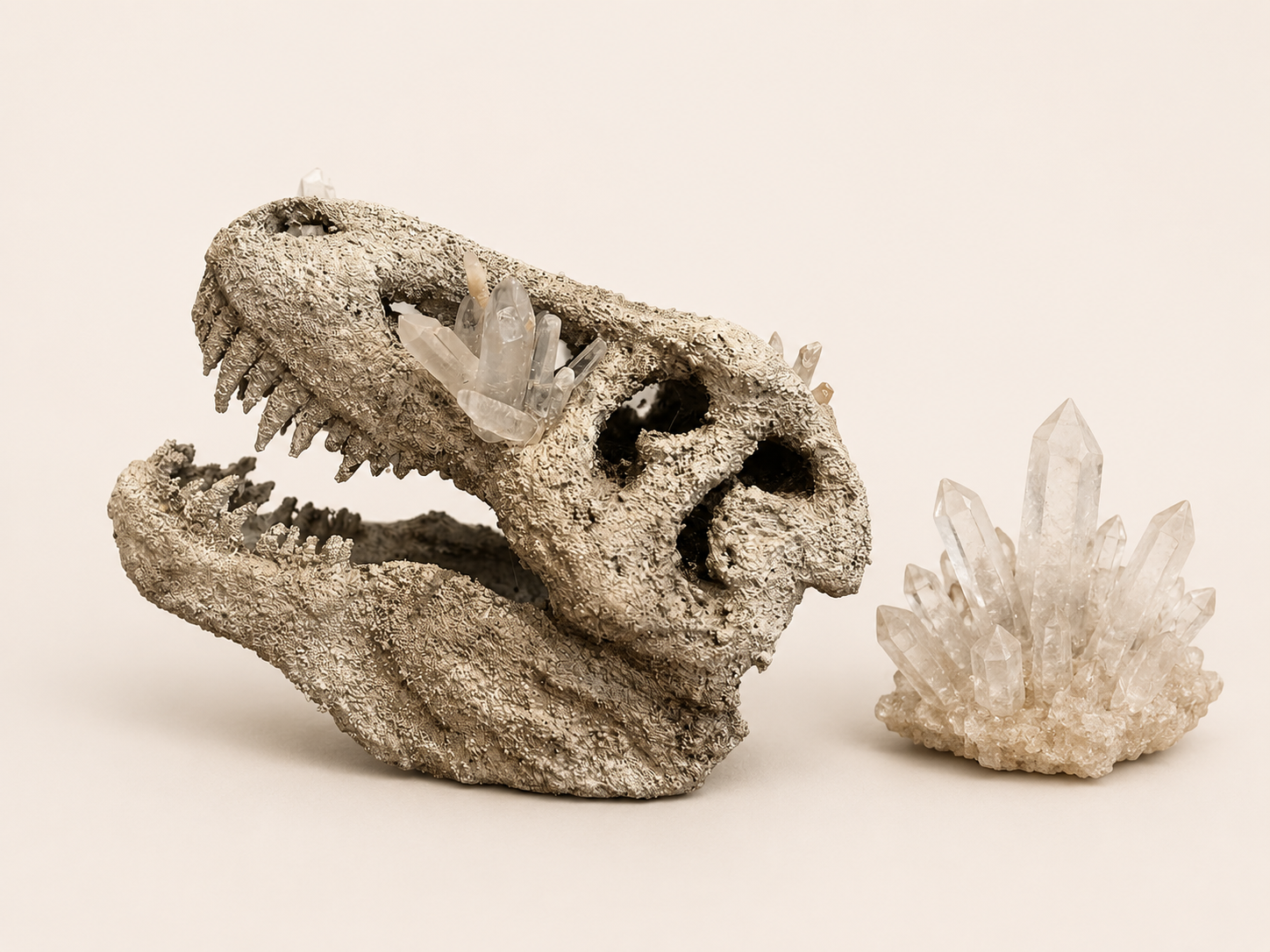 Crystal T-Rex Skull Replica | Quartz Crystal Dinosaur Skull Decoration | Prehistoric Fossil Display | Jurassic Home Décor