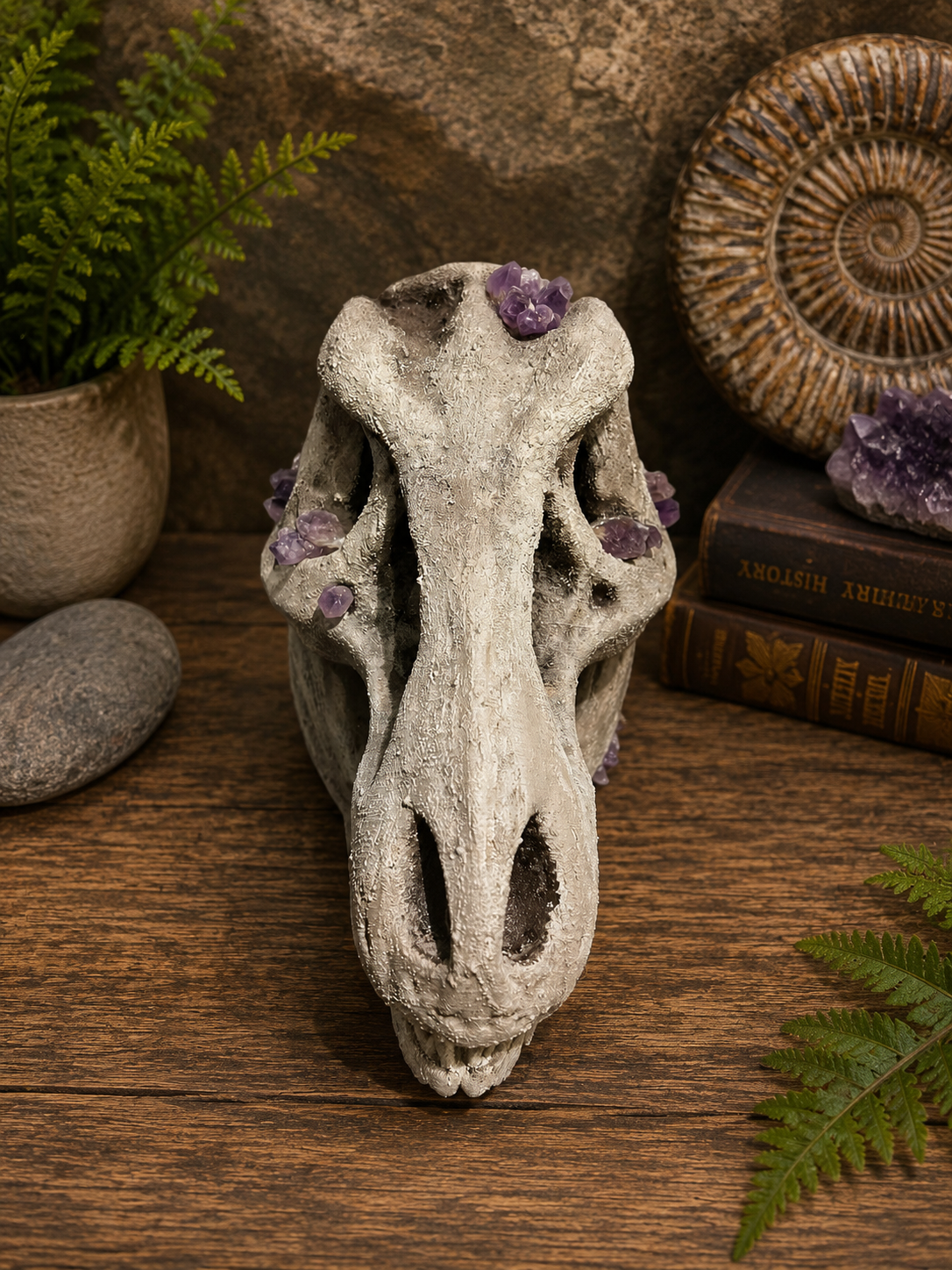 Large 34cm Dinosaur Skull with Amethyst Crystals