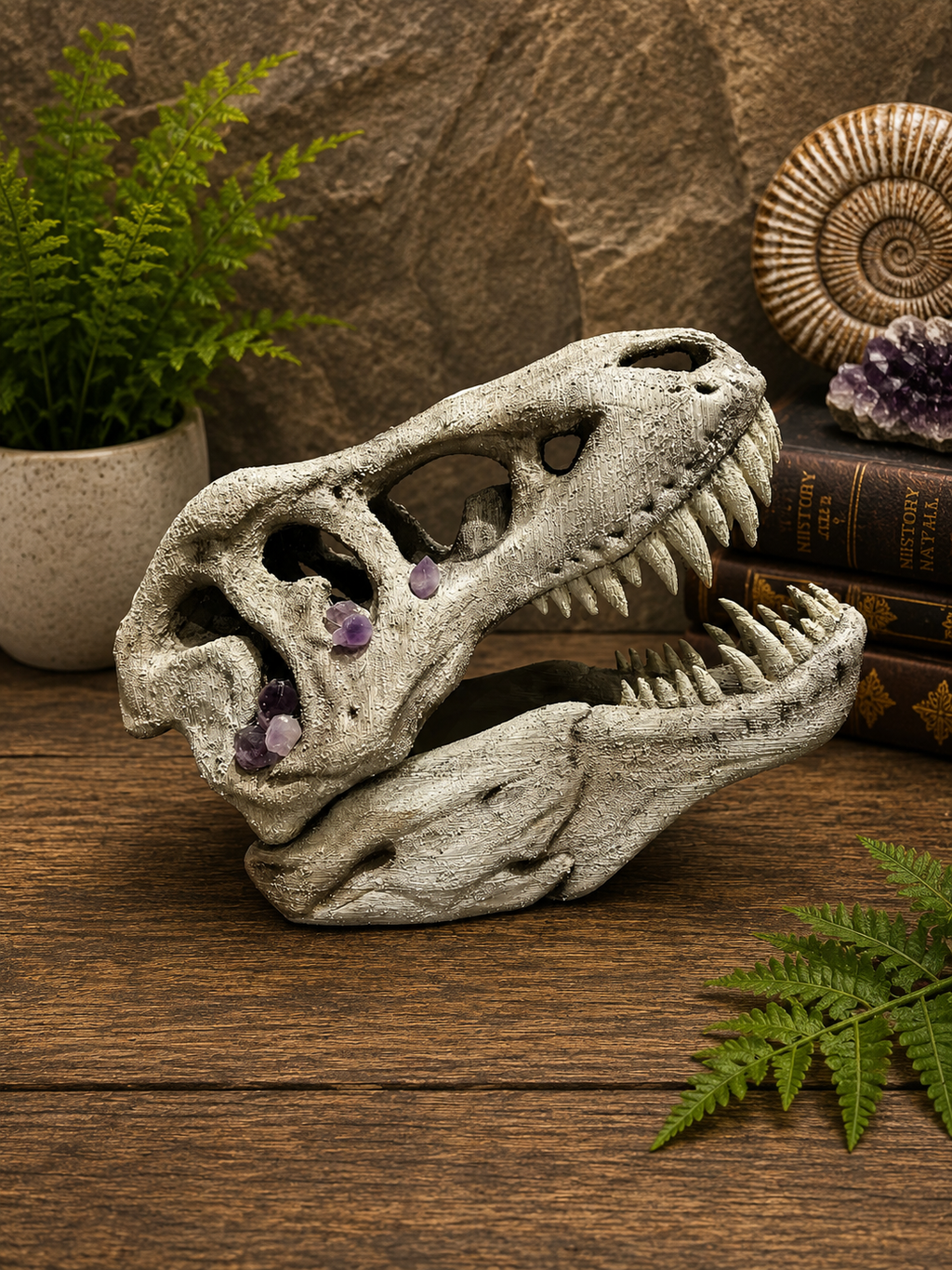 Large 34cm Dinosaur Skull with Amethyst Crystals