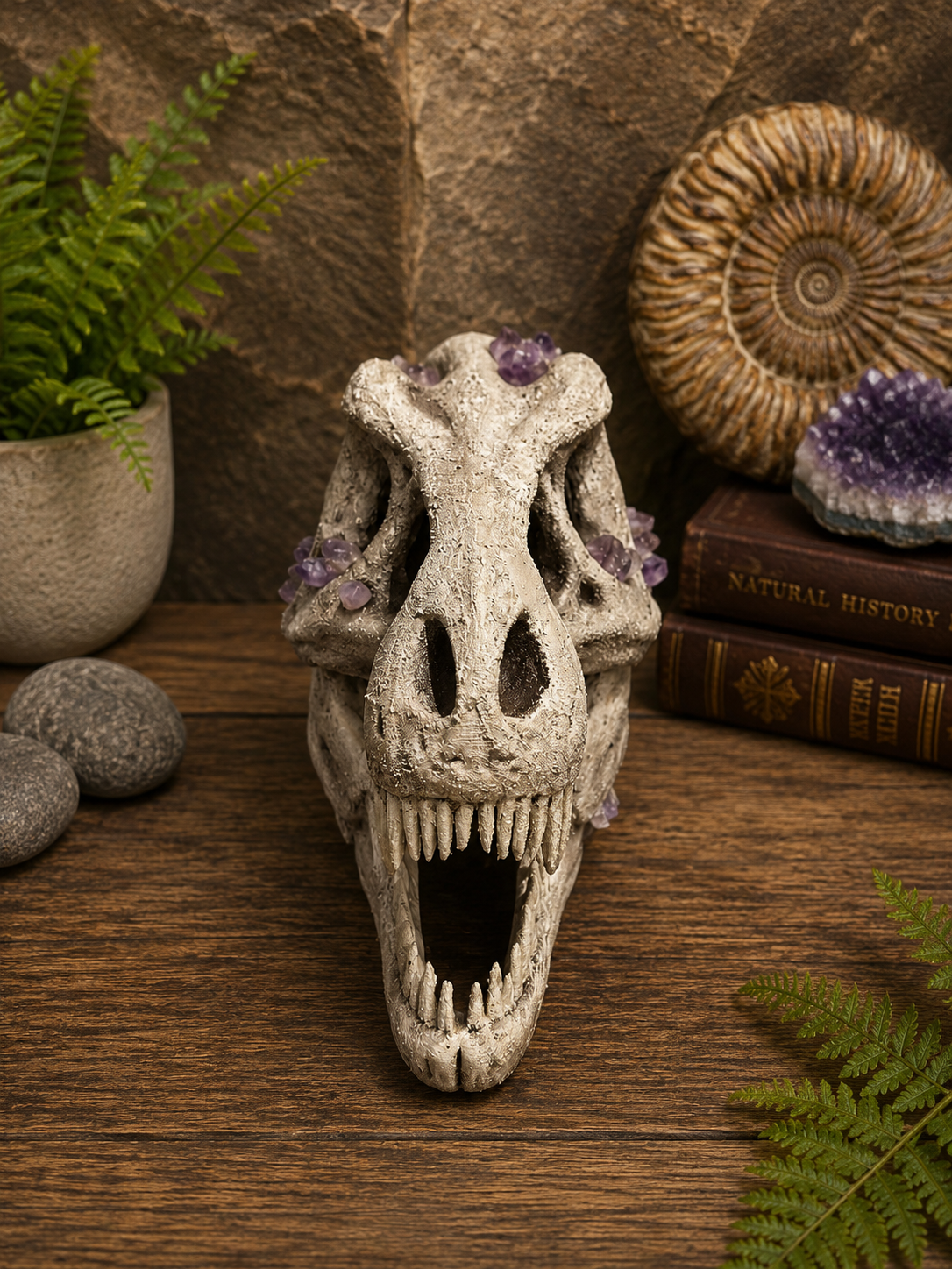 Large 34cm Dinosaur Skull with Amethyst Crystals