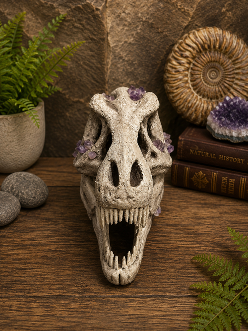 Large 34cm Dinosaur Skull with Amethyst Crystals